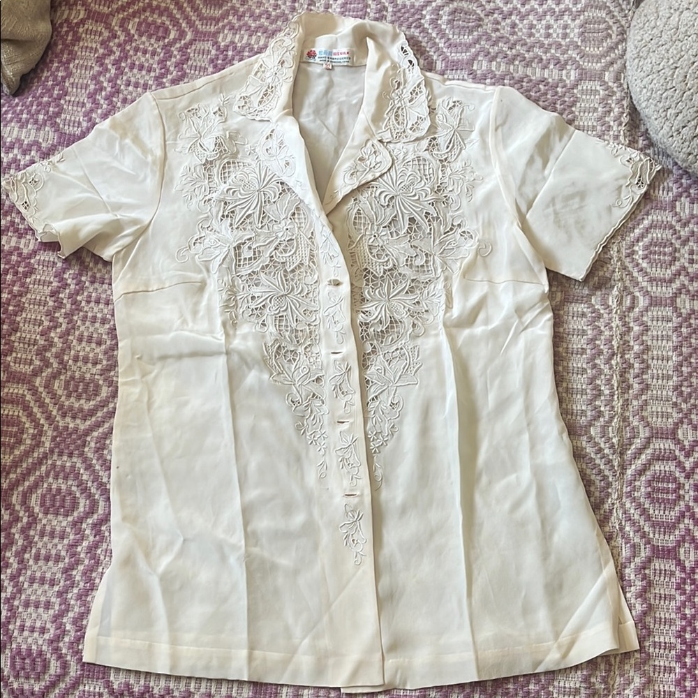 Cream silk short Sleeve Button Down Shirt with Hand Embroidery